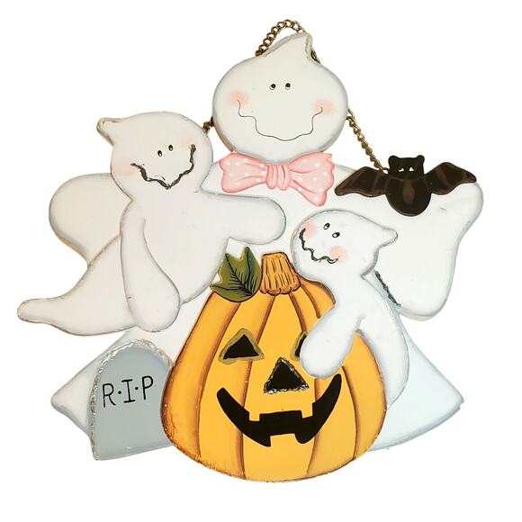 Pumpkin Ghost Family Bat Wall Hanging RIP Tombstone Cute Halloween 10" - Picture 1 of 5